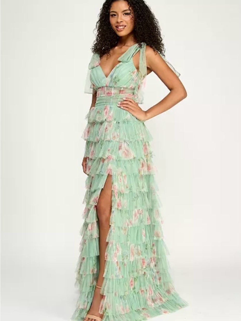 Mint Floral Tiered Ruffle Maxi Dress - V-Neck by B.Darlin